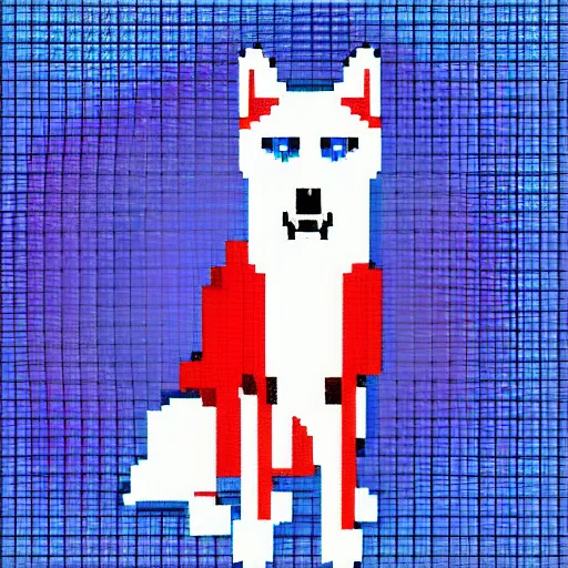 Image similar to husky dog in a dress shirt, pixel art, blue and red gradient background