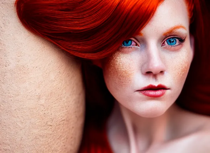 Image similar to 5 5 mm portrait photo of a redhead woman's face with ( intricate cat eyes )!!. highly detailed 8 k. intricate. lifelike. soft light. nikom d 8 5 0. cinematic post - processing