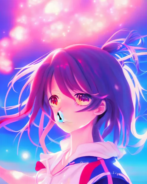 Image similar to anime style, vivid, expressive, full body, 4 k, painting, a cute magical girl with a long wavy hair wearing a sailor outfit, correct proportions, stunning, realistic light and shadow effects, neon lights, studio ghibly makoto shinkai yuji yamaguchi