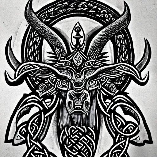 Prompt: Baphomet , celtic art style, trending on Artstation