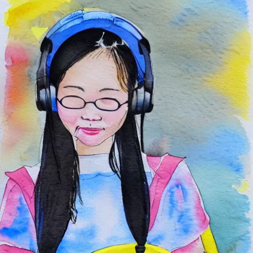 Image similar to cute Chinese girl with headphones and a yellow backpack in NYC, highly detailed watercolor painting