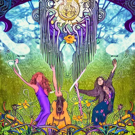 Image similar to art nouveau print hippies dancing in a flower forest, magic occult ceremony ritual summoning guitar, flowing forms, viewed from below, by pascal blanche, ultra wide angle, beautiful sky, highly detailed, 8 k artstation