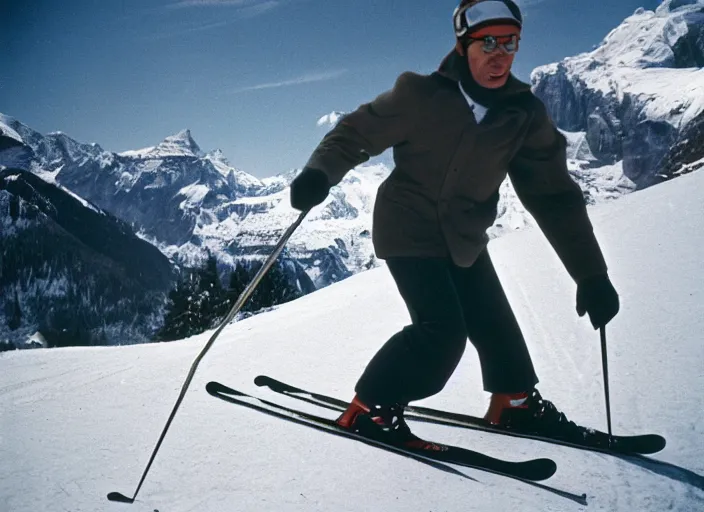 Image similar to a 2 8 mm macro kodachrome photo of one man skiing in the swiss alps in the 1 9 5 0's, bokeh, canon 5 0 mm, cinematic lighting, film, photography, golden hour, depth of field, award - winning