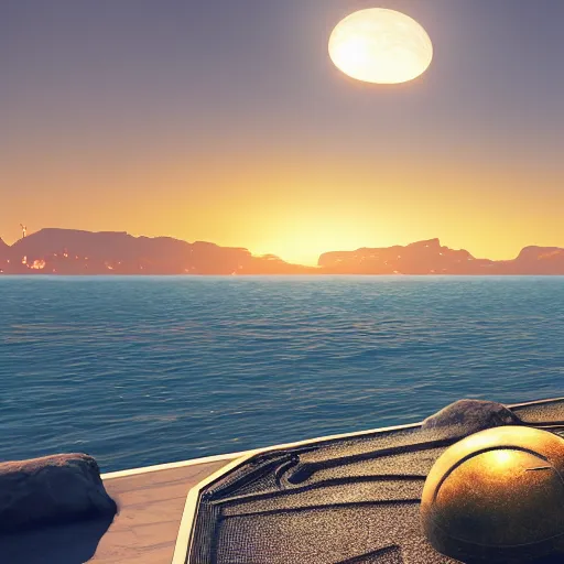 Image similar to the death star floating above a beautiful beachfront, raining gold, unreal engine rendering, highly detailed