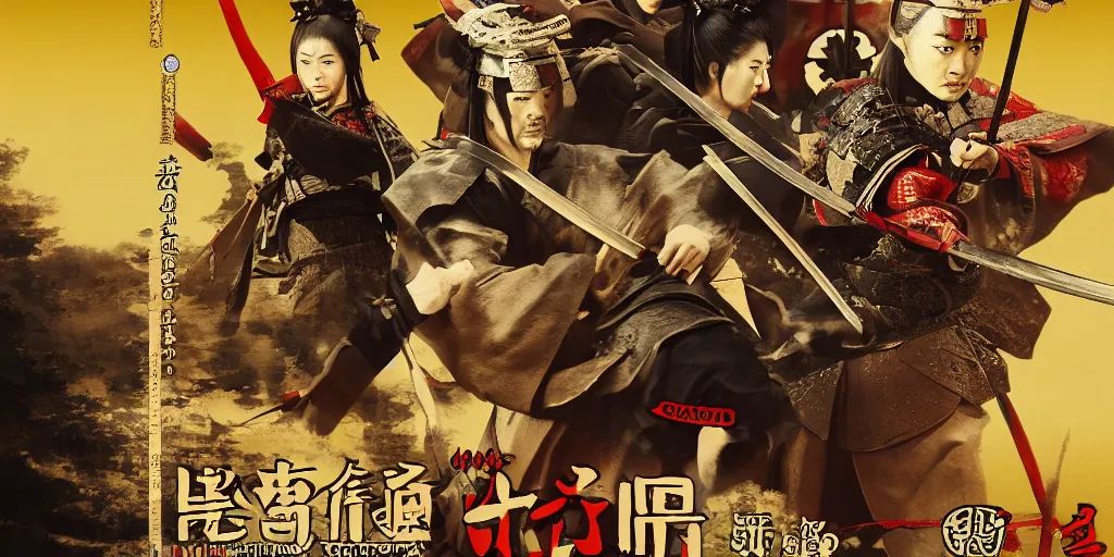 Image similar to samurai movie poster, 3 d anime, arcane style, japanese edo era, high resolution, city landscape, side scrolling, rule of thirds, 4 k