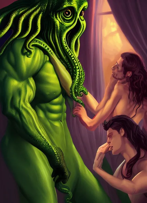 Prompt: mills and boon romance novel cover with cthulhu and fabio, they are in love, digital painting, artstation, concept art, smooth, sharp focus, warm lighting,