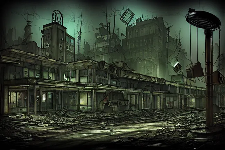 Prompt: dieselpunk town dystopian decay post apocalyptic night spotlights