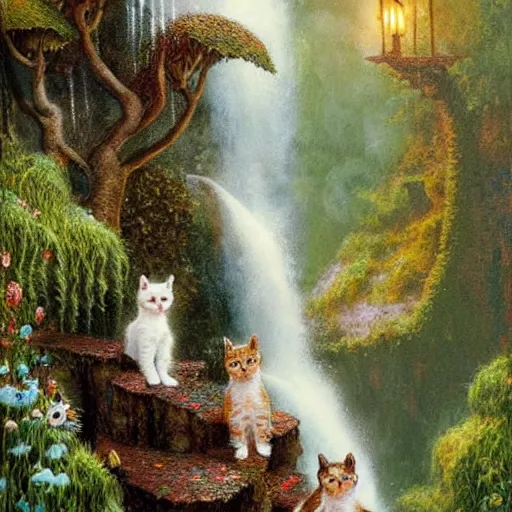 Prompt: two kittens in the enchanted forest stand on the steps and watch the waterfall, fantasy, intricate, extremely detailed, matte, featured in artstation, art by louis wain, greg rutkowski