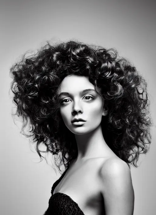 Prompt: a portrait of a beautiful woman by justin ridler, beautiful, elegant, big curly hair, irakli nadar,