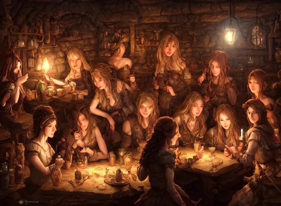 Prompt: a beautiful adventuring group of women, dimly-lit cozy tavern, relaxed pose, fantasy art, detailed painterly digital art style drawn by artgerm, beautifully detailed render, post-processing, extremely hyperdetailed, intricate, epic composition, grim yet sparkling atmosphere, cinematic lighting + masterpiece, trending on artstation, very detailed, vibrant colors