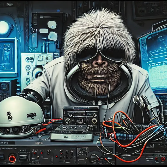 Prompt: a portrait of an anthropomorphic cyberpunk yeti in a motorcycle helmet working in his secret electronics lab, detailed render, tape deck, boombox, headphones, epic composition, cybernetics, 4 k realistic, cryengine, realistic shaded lighting, sharp focus, masterpiece, by matteo scalera, gary montalbano, peter elson in the style of the tokyo ghost comic