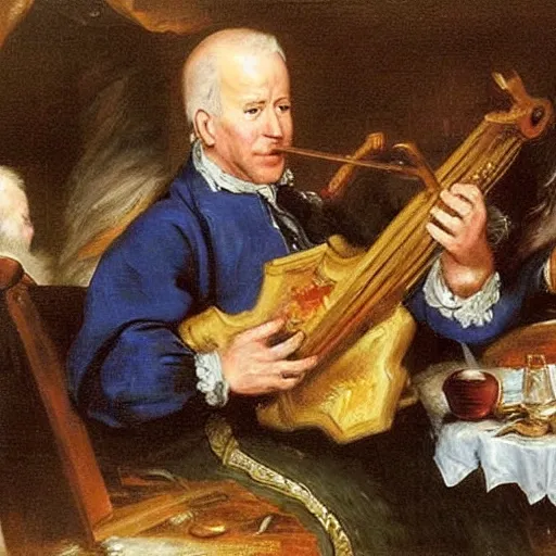 Image similar to Oil painting of Joe Biden playing the Hurdy Gurdy at a fantasy tavern, by Peter Paul Rubens