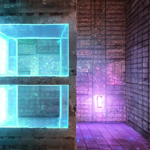 Prompt: glowing translucent cube in a las pozas, cyberpunk, dark room, trending on artstation, 4 k close up, wide angle