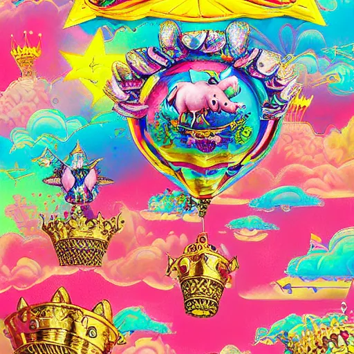 Image similar to lisa frank flying pigs wearing a gold crown painting by android jones