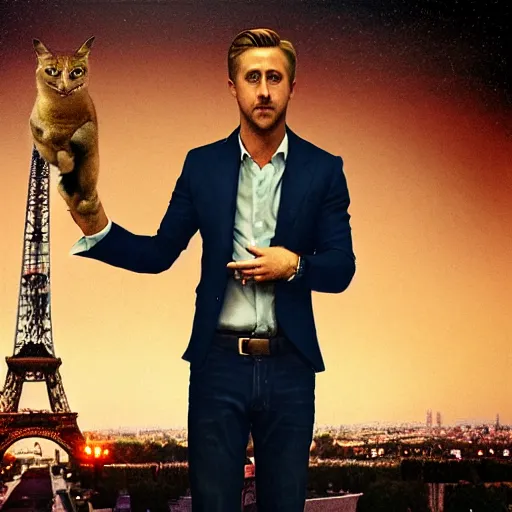 Prompt: Ryan Gosling holds a caracal cat in his hands against the backdrop of the Eiffel Tower, ultra highly detailed, smooth, sharp focus, digital art, digital painting, fan art, elegant, artstation