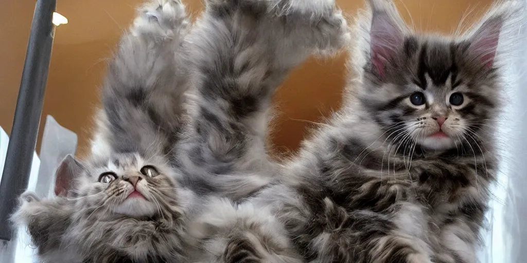 Image similar to maine coon kitten descendant 1 million in the future. the kitten wears a spacesuit, and explores cosmos in a space ship with a cat tree. science fiction blockbuster movie kittens rule the world or my favorite martian is a kitten!, lightyear ( film, 2 0 2 2 ) computer - animated science fiction action - adventure.