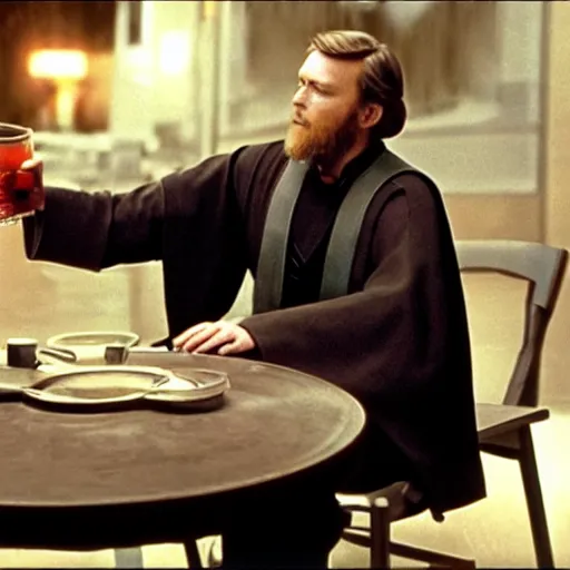 Image similar to Obi Wan sits at a table with Darth Vader and Drinks tea. Screenshot from Movie, Movie Still, 8k, High Resolution, Highly Detailed