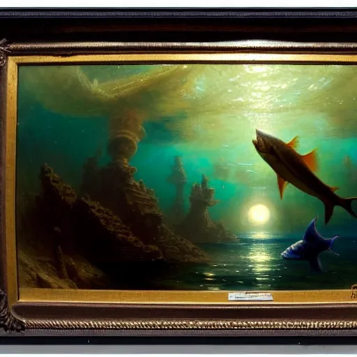 Image similar to i am at the bottom of the ocean looking up, see fishes swimming, see the milk way up above through the water, night time, midnight. highly detailed painting by gaston bussiere, greg rutkowski 8 k