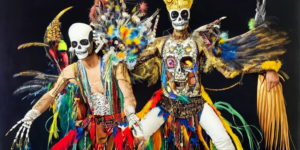 Image similar to ney matogrosso with malice, paint on face, feathers, leather, lace, gold wings on head, tibetan skeleton dancer, painting by gottfried helnwein, salivdor dali, raqib shaw