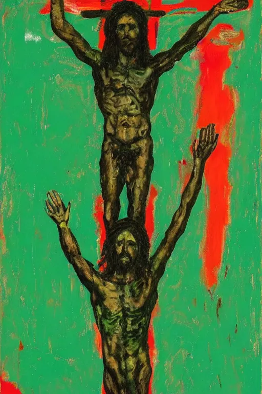 Prompt: green jesus christ crucified painted by cy twombly and basquiat