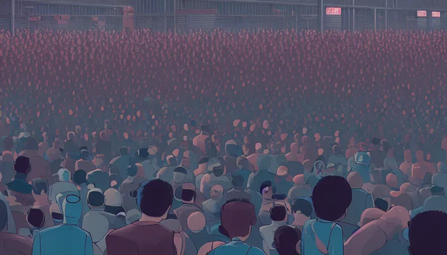 Image similar to a beautiful highly detailed matte painting close up of a crowd watching a boxing match with robots in a factory, punk styling by atay ghailan, cliff chiang, loish and goro fujita, silver, silver, brown, black, blue and cyan mystical tones, featured on artstation, featured on behance, grunge aesthetic