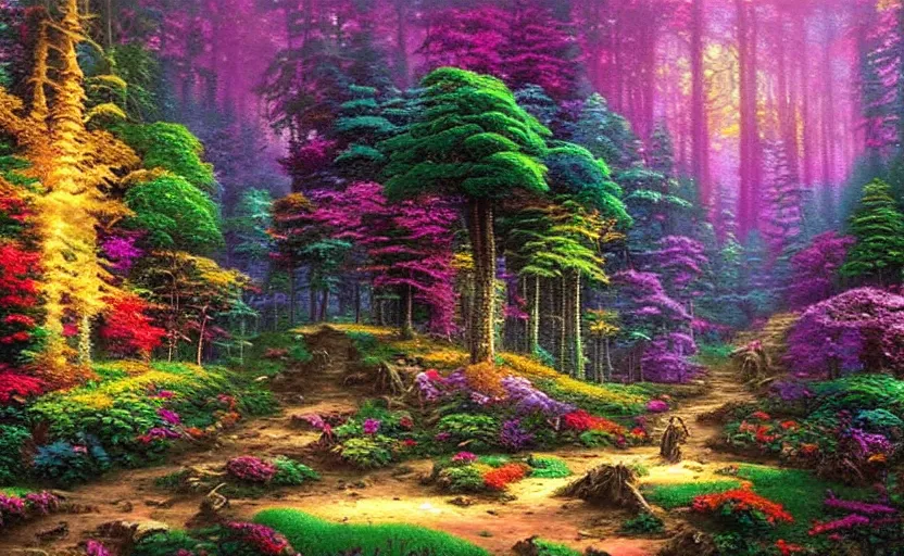 Prompt: psychedelic candy!!!! forest by thomas kinkade, matte painting!!!!!!!!, intricate details!, fine brush!!!!!!