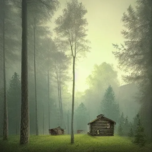 Image similar to “ swedish cabin in the forest next to the lake by simon stalenhag, misty morning, cinematic ”