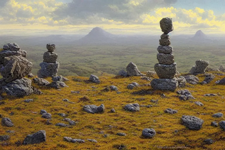 Image similar to a high hill landscape with a circle of large stones in the shape of fingers on the top, by ted nasmith