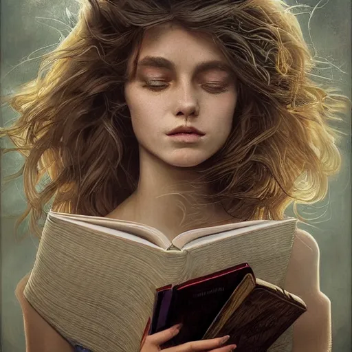 Image similar to An incredible fantastical painting of a girl reading book, hair flowing down | symmetric!, anatomically correct | by Greg Rutkowski and Greg Staples with James Gurney | hyperrealism artwork beautiful detailed painting | trending on Artstation