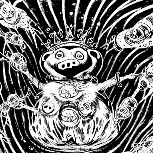 Prompt: black and white trippy comic art of a mutant pig wearing a gold crown fighting aliens, lots of particles, drawn by Martin Rowson, Tim Burton, Studio Ghibli, Alex Pardee, Nekro Petros Afshar, James McDermott, cgsociety 4K