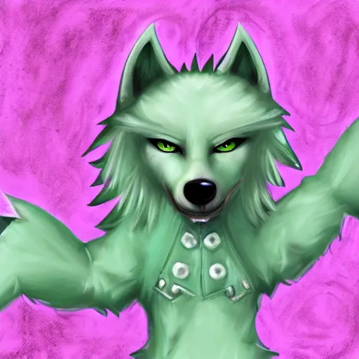 Image similar to Beautiful digital painting of an anthro anthropomorphic pastel-green wolf, Punk outfit.