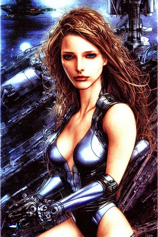 Image similar to Elizabeth Olson is a beautiful robot fighter pilot, fantasy, portrait, sharp focus, intricate, elegant, illustration, ambient lighting, art by Luis Royo