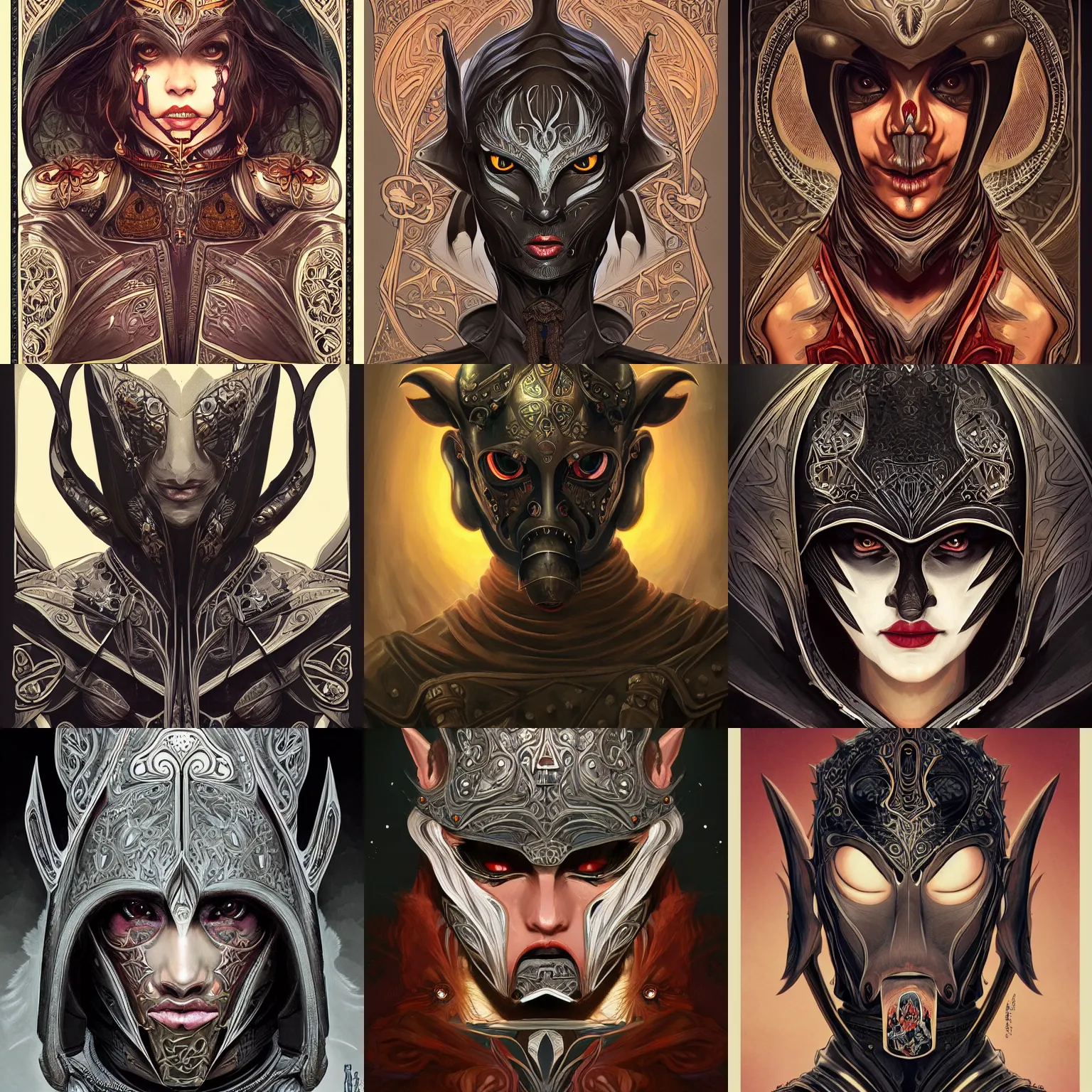 Prompt: head-on symmetrical centered painted portrait, WoW goblin assassin, black leather armour, art nouveau, tarot card style, fantasy, intricate, elegant, highly detailed, smooth, sharp focus, illustration, artstation, in the style of Artgerm and Anna Podedworna and Alex Ross and Mucha