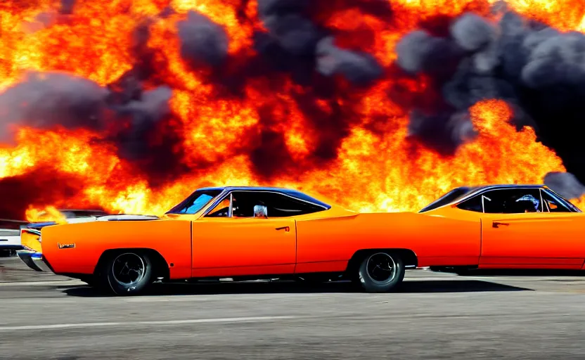 Image similar to a orange 1 9 7 0 plymouth road runner superbird driving high speed, fire explosion in the background, action scen. blue sky realistic. high resolution. dramatic