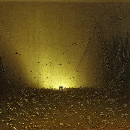 Image similar to painting of a hr giger tent in a landscape covered in moths, light beams night, casper david friedrich