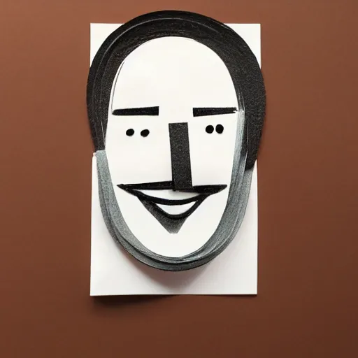 Image similar to a face of a man with wavey medium short hair made from layered paper, smiling, 2D, flat minimalistic, ambient light