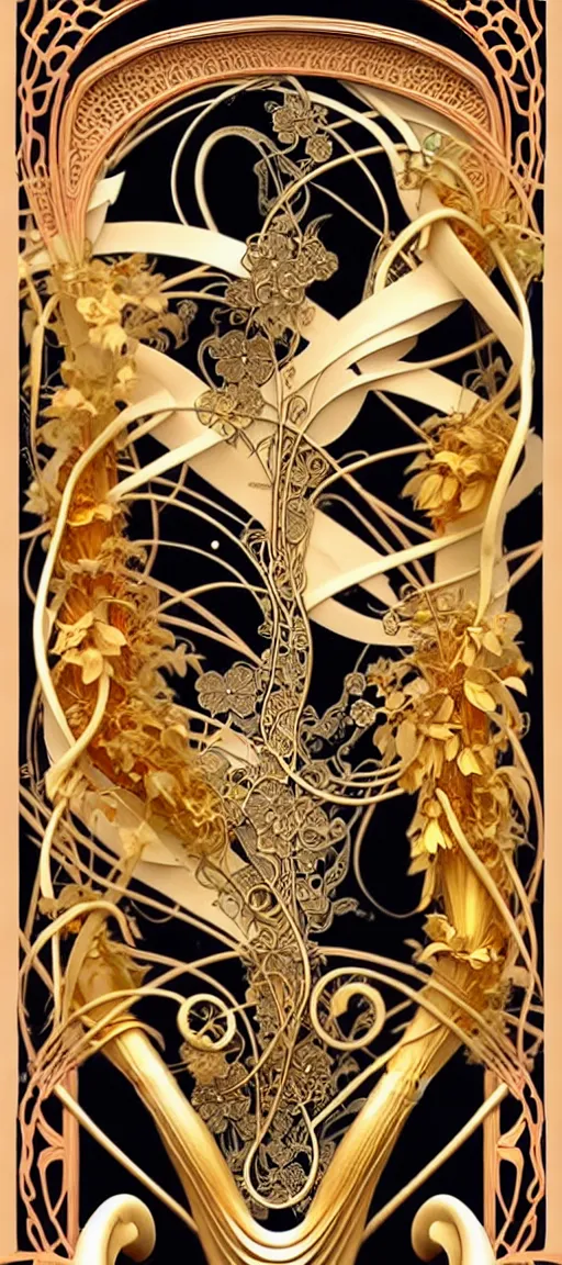 Image similar to the source of future growth dramatic, elaborate emotive Art Nouveau styles to emphasise beauty as a transcendental, seamless pattern, symmetrical, large motifs, hyper realistic, 8k image, 3D, supersharp, Art nouveau 3D curves and swirls, copper and Gold pipes, silk ribbons and golden chains, swarovski crystals, iridescent and black and shiny gold colors , perfect symmetry, iridescent, High Definition, sci-fi, Octane render in Maya and Houdini, light, shadows, reflections, photorealistic, masterpiece, smooth gradients, no blur, sharp focus, photorealistic, insanely detailed and intricate, cinematic lighting, Octane render, epic scene, 8K