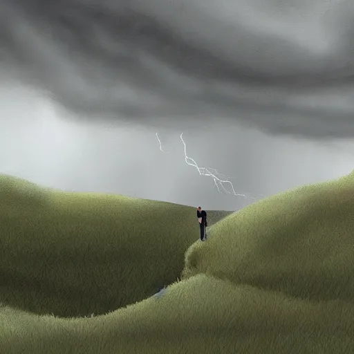 Image similar to a regretful man on a hill and storm is coming, digital painting, futured, ultra detailed