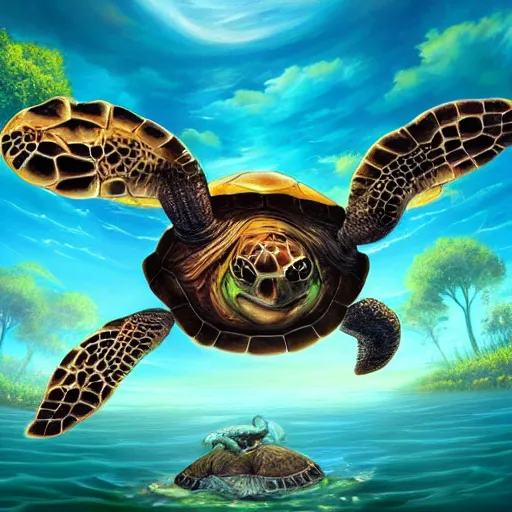 Prompt: animated floating turtle with island on it's back, trending on artstation, fantasy art, hd, detailed painting