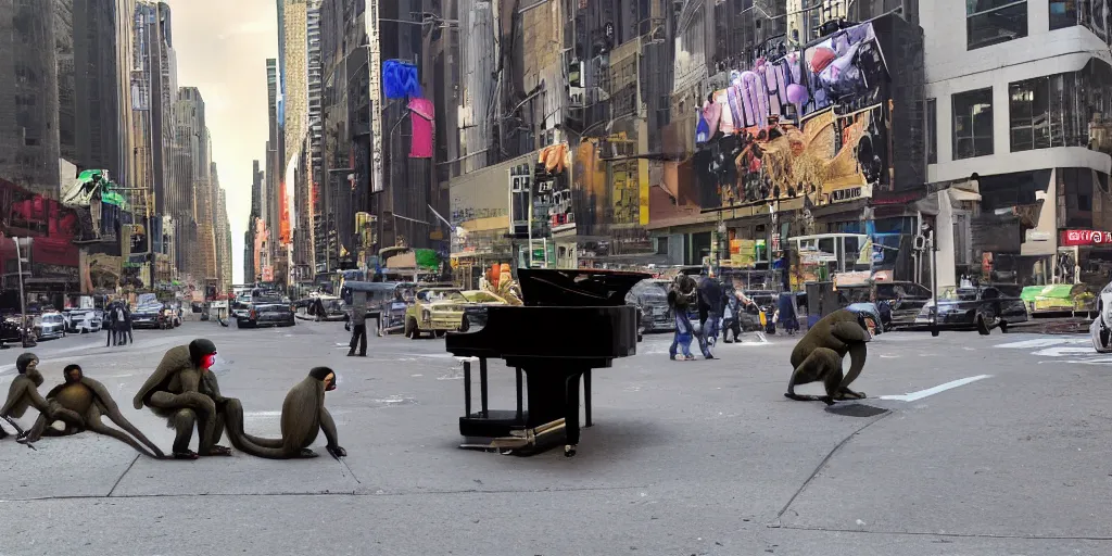 Image similar to a super high-resolution photo of a monkey playing the piano in the busy New York street