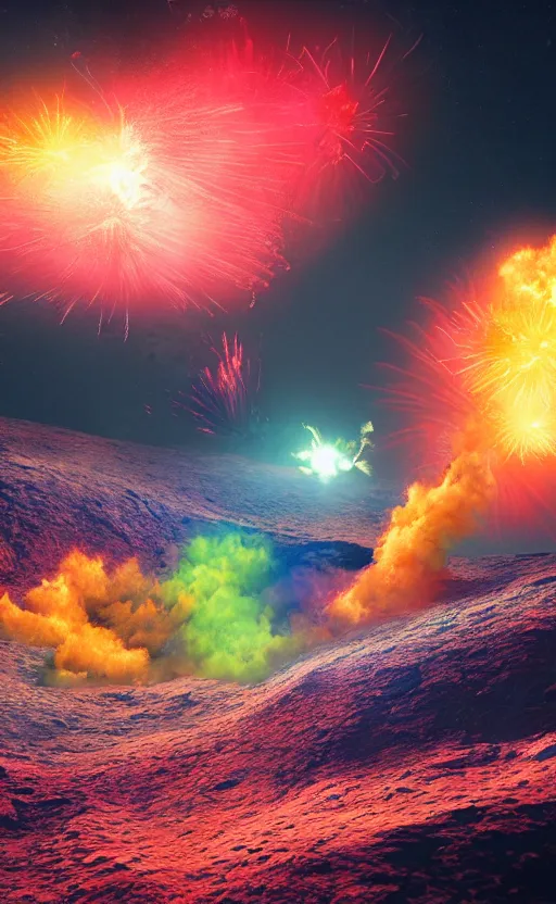 Prompt: high quality digital art of colorful fire works on the moon, in style of Greg Rutsowski, moon craters are visible, high quality cinematic lights, 8K octane render, art station