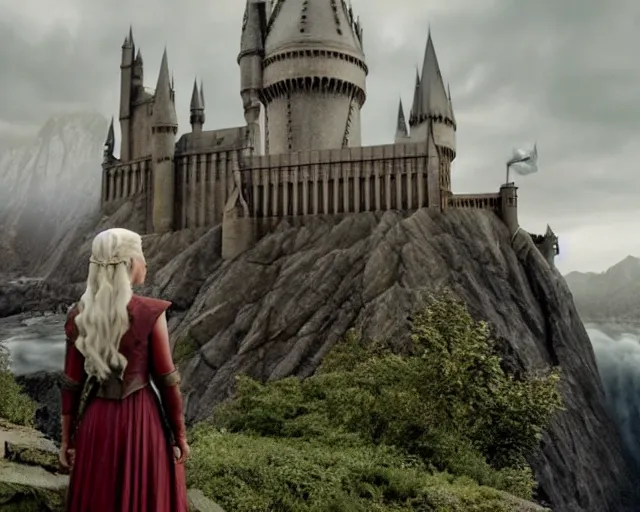 Prompt: Daenerys the Stormborn visit Hogwarts, film still, best shot, very long shot, 8K Imax