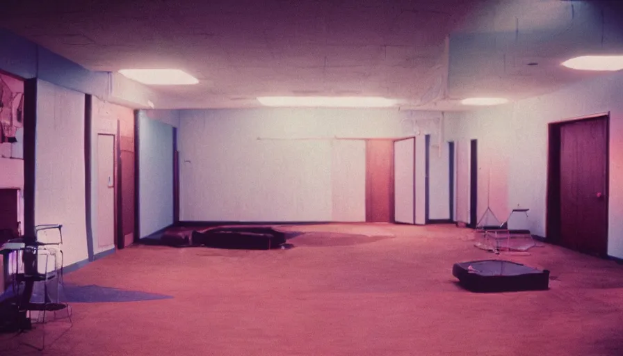 Image similar to 70s movie still of liminal space ballroom , cinestill 800t Technicolor, heavy grain, high quality, criterion collection