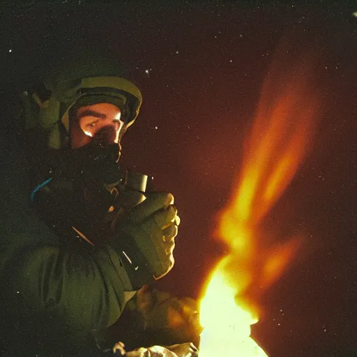 Image similar to a high quality color extreme closeup film 3 5 mm depth of field photograph of a us soldier's face as he frantically iss pouring a can of gasoline along the perimeter of homes in mcmurdoch station in antarctica in 1 9 8 2 with the aurora borealis in the sky at night