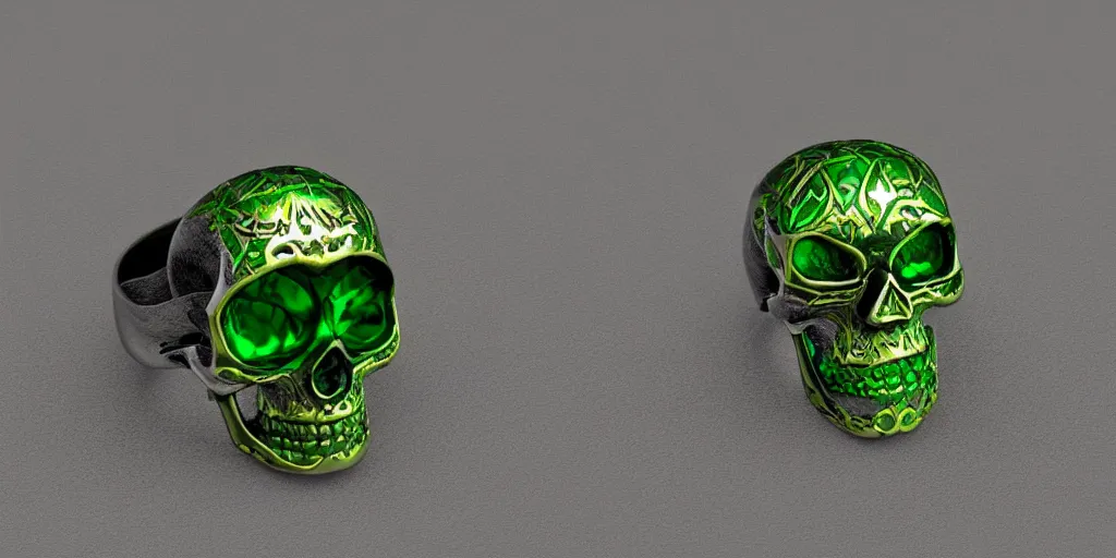 Prompt: stunning magic skull ring with a diamond, poison, green, mist, skull, energy, engraving, d & d, item, graphic, close - up, design, shimmer, artbook, page, detailed, trending on artstation, cgsociety, art by greg rutkowski and raymond swanland and moebius