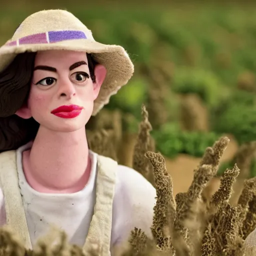 Image similar to a cinematic film still of a claymation stop motion film starring anne hathaway as female farmer, shallow depth of field, 8 0 mm, f 1. 8