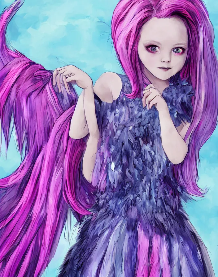 Image similar to little girl with eccentric pink hair wearing a dress made of purple feather, art by dcwj