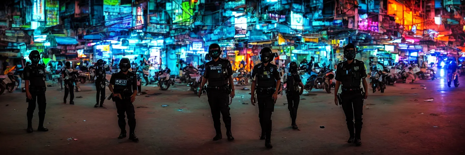 Image similar to Cyberpunk Police, futuristic Phnom-Penh Cambodia, neon dark lighting