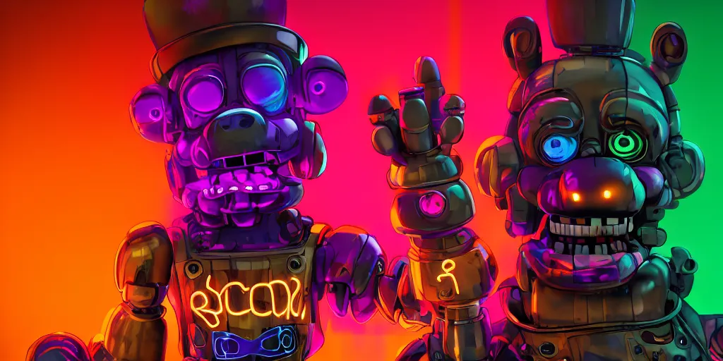 Prompt: fnaf freddy, cyberpunk, rgb, neon, hd, cinematic,