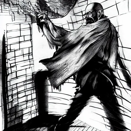 Image similar to Walter white in a fighting scene from berserk, artstation, concept art, sharp focus, illustration in pen an ink, black and white, art by Masashi Tanaka